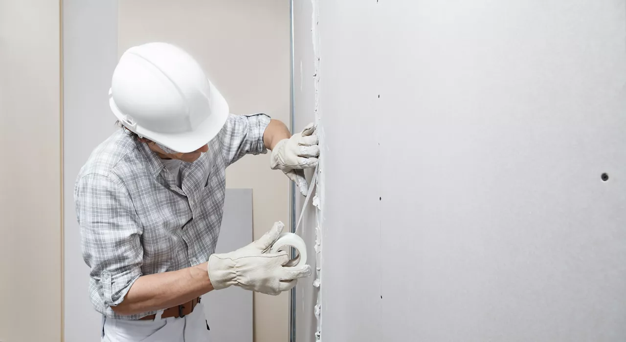 man drywall worker or plasterer putting mesh tape for plasterboard on a wall using a spatula and plaster. Wearing white hardhat, work gloves and safety glasses. Image with copy space