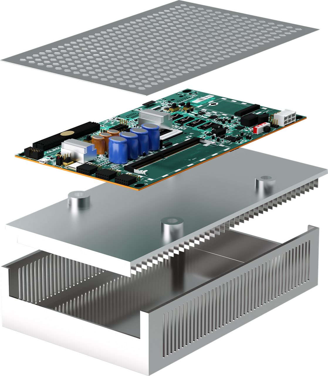 Inside view of X-DC power device expanded with components showing