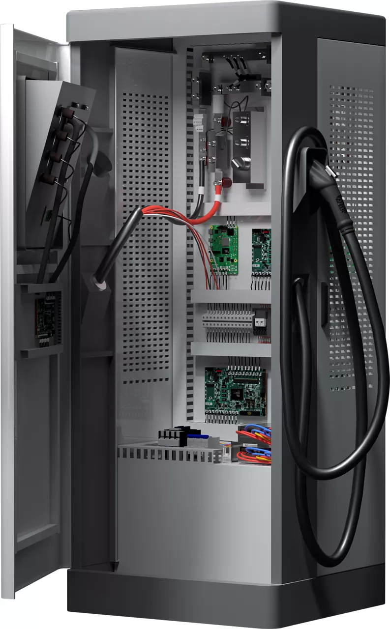 Charging station housing interior view with power devices