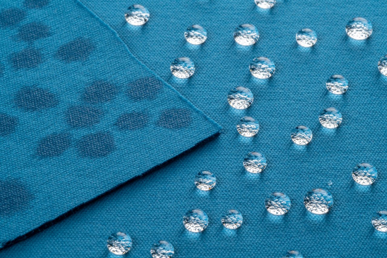 Water repellent coating on blue textiles