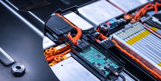 EV car battery pack. Electric car lithium battery pack. Blue toned. Car maintenance