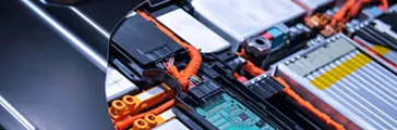 EV car battery pack. Electric car lithium battery pack. Blue toned. Car maintenance