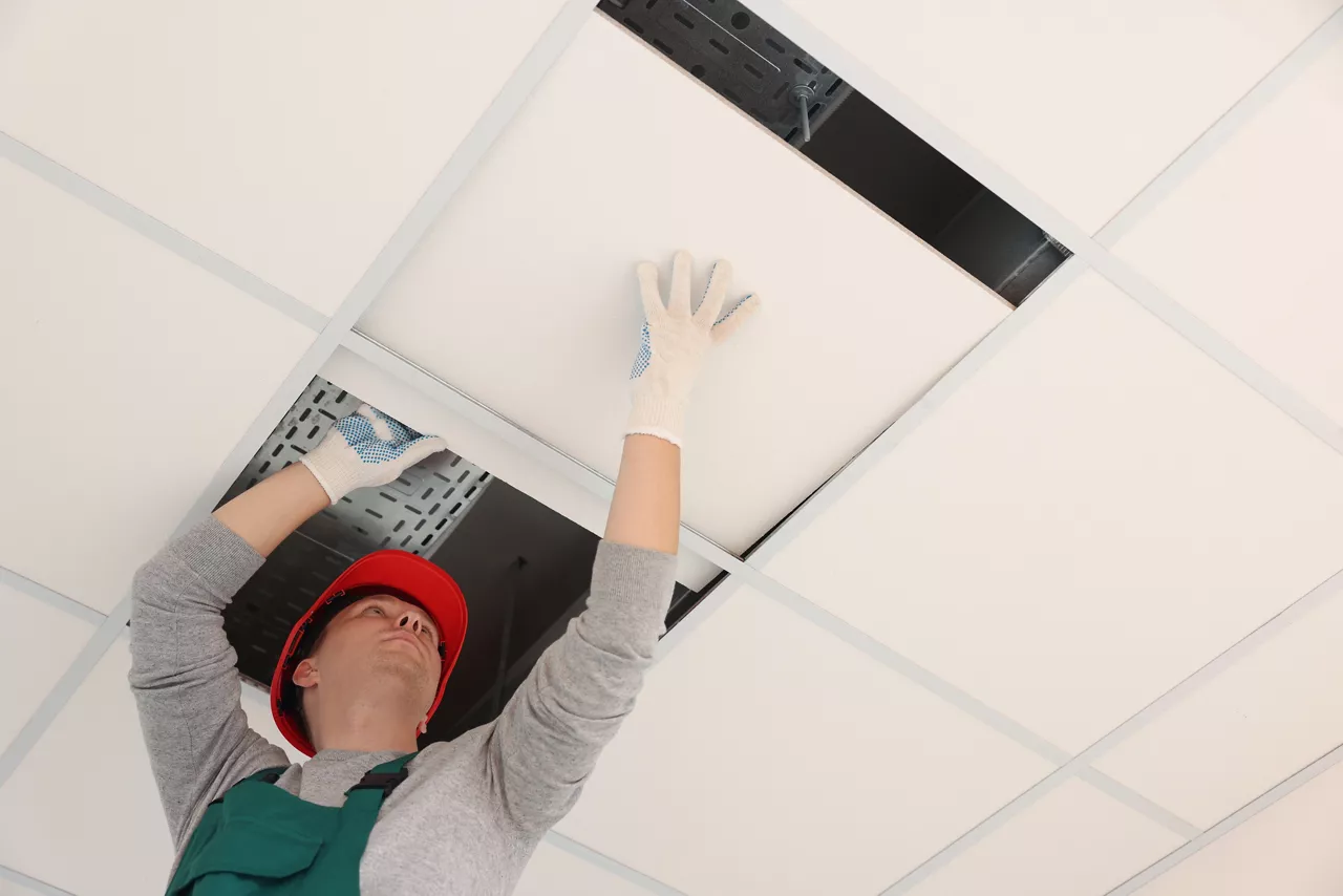 Builder working on suspended ceiling tile