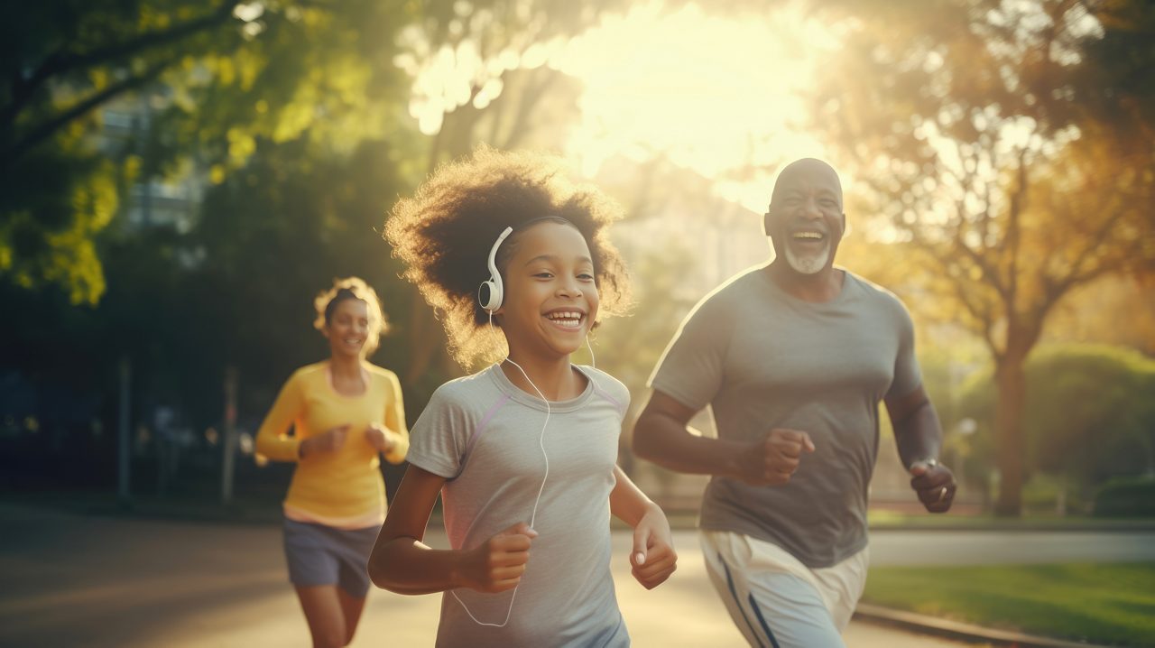 Una familia feliz trotando juntos por la mañana