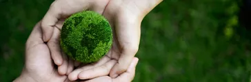 Two sets of hands holding grass representing earth