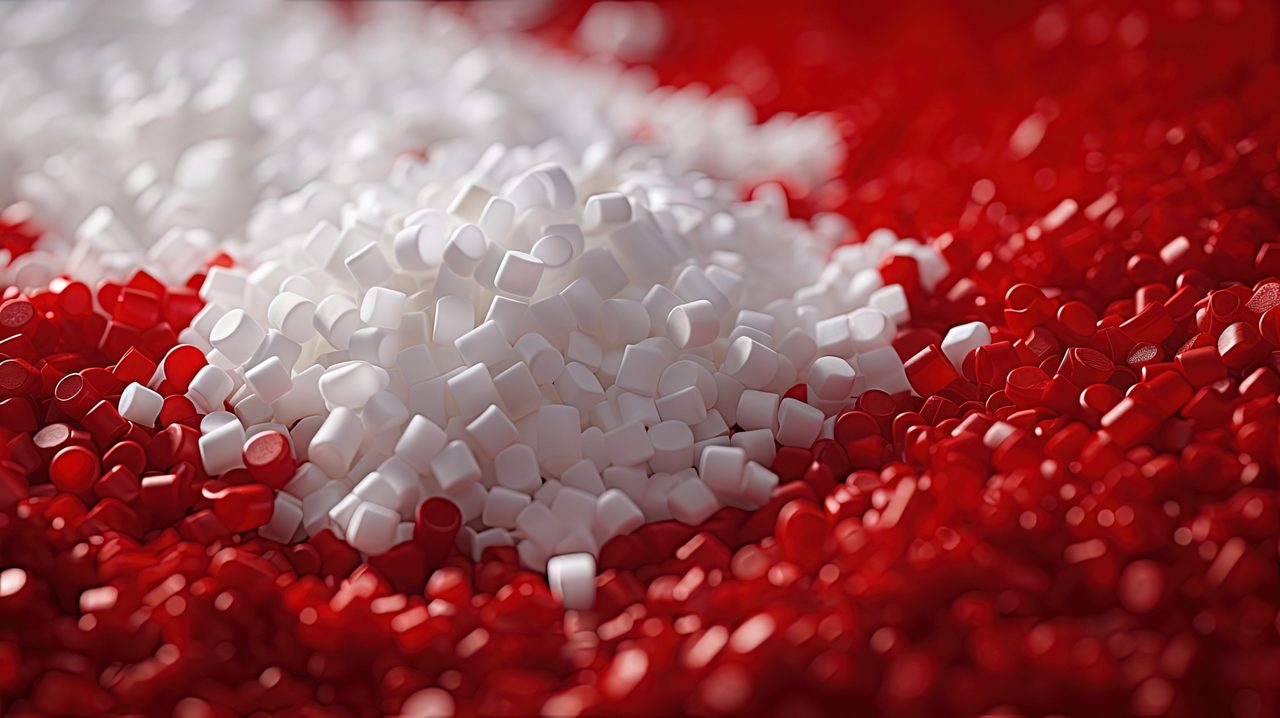 Plastic recycling showcased close up of mixed granules on red table at exhibition