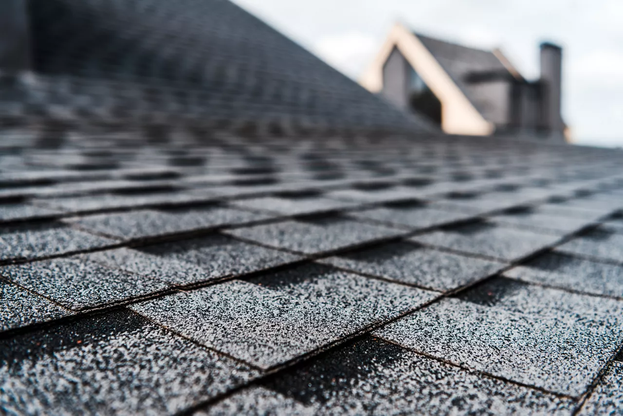 Grey shingles on rooftop of building