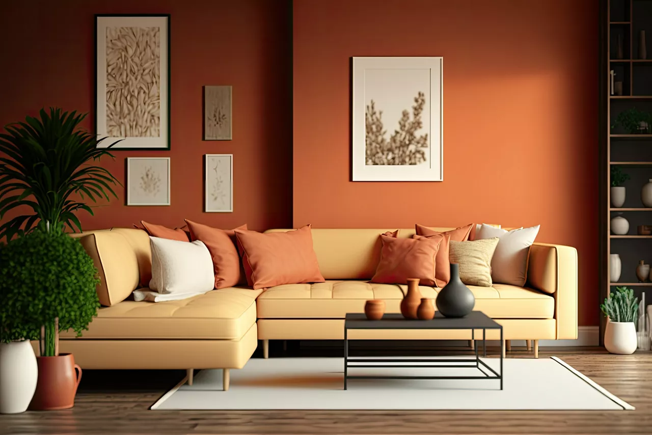 Coral or terracotta living room accent sectional sofa.