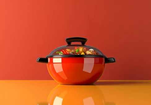 A red pot with black handles sits on an orange surface. The pot is made of metal and has a glossy appearance