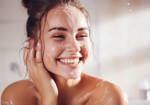 Woman smiles when applying foam for washing on her face