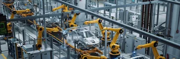 Car Factory 3D Concept: Automated Robot Arm Assembly Line Manufacturing High-Tech Green Energy Electric Vehicles. Construction, Building, Welding Industrial Production Conveyor. Elevated Wide Shot