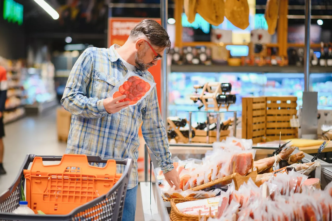 Elderly man buyer of meat department of grocery store, holding at meat sausage. Male pensioner customer orders meat snacks.