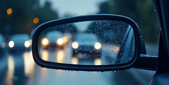 Close view of raindrops on the rearview mirror