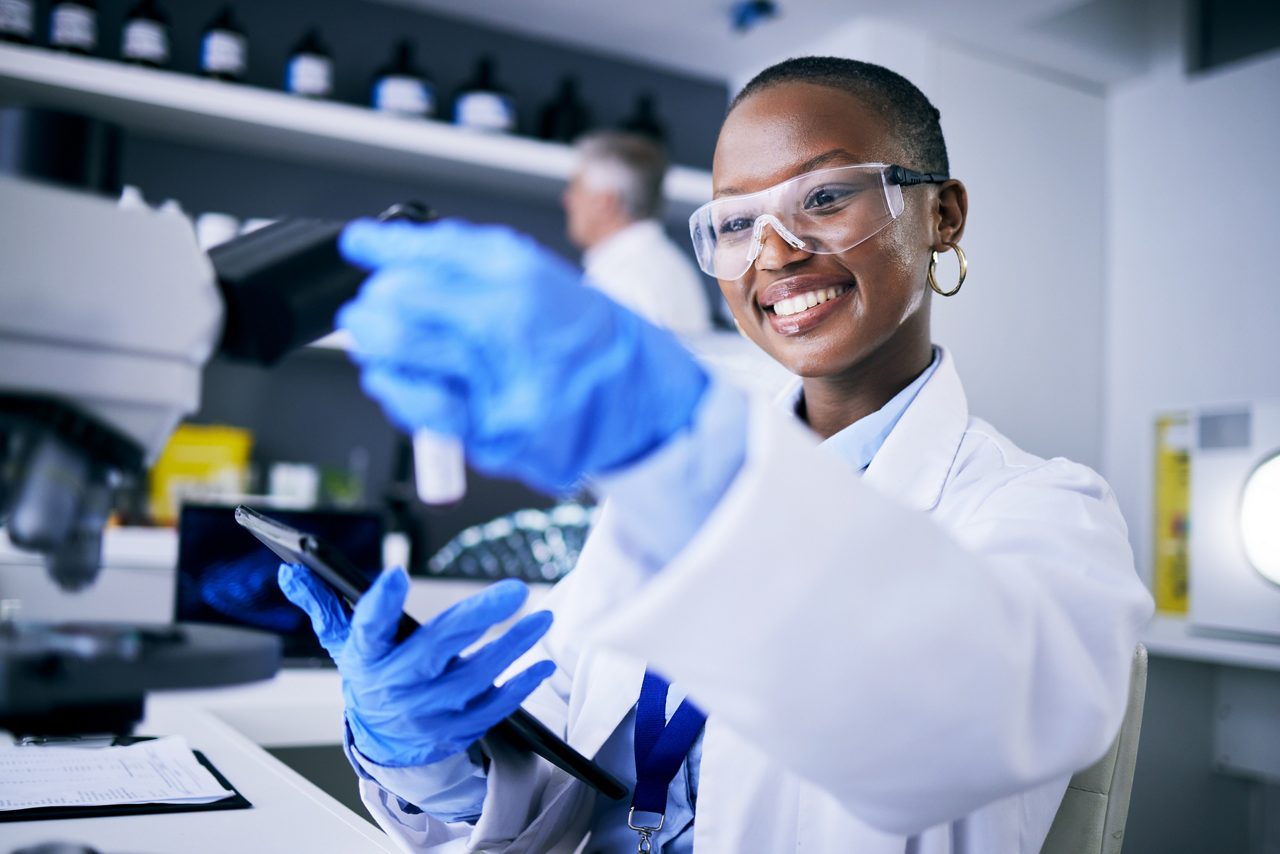 Scientist with tablet for pharmaceutical research, innovation or medicine. 