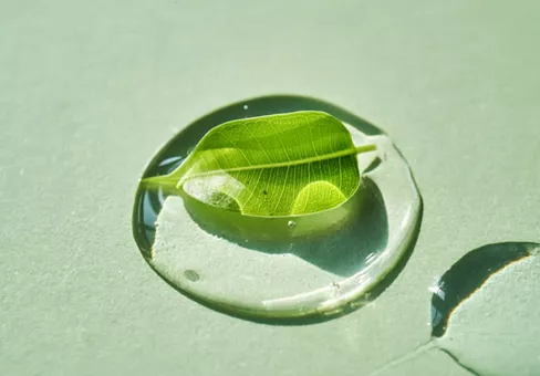 Drop of face serum with green leaf on green background. High quality photo.