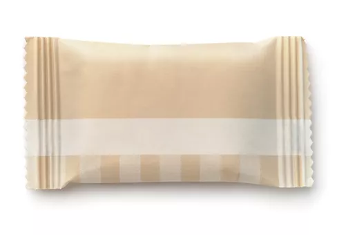 Top view of brown paper sachet isolated on white