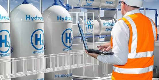 Technologist with laptop and tanks with H2 symbol