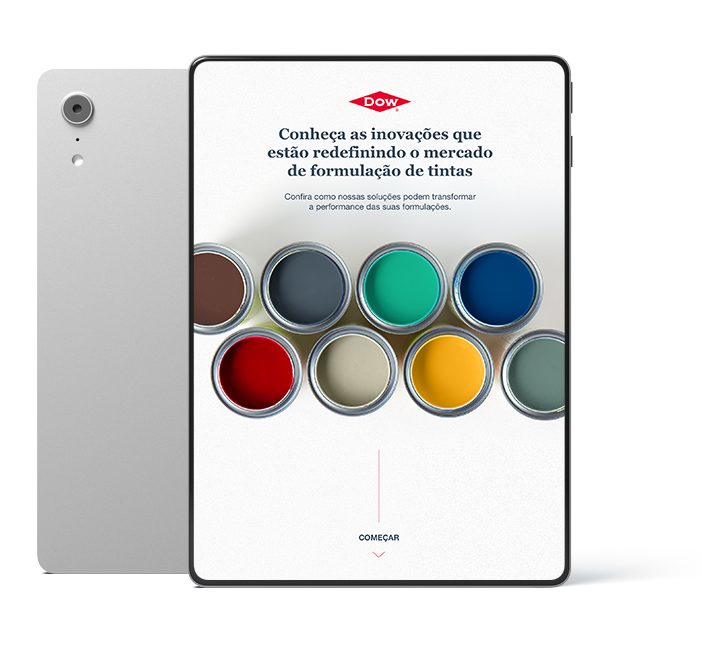 Tablet screen displaying a Dow-branded interface with open paint cans in vibrant colors, representing innovation in paint formulation and coatings technology.