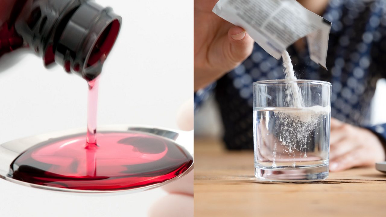 Collage de dos fotografías. Jarabe para la tos, polvo en vaso de agua
