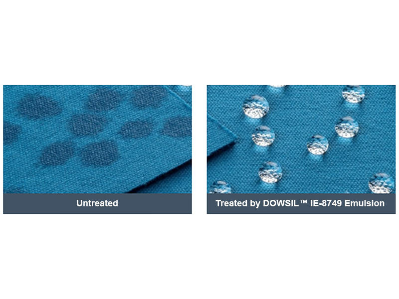蓝色织物，在未经处理的织物上带有水斑，在经处理的蓝色织物上带有水滴