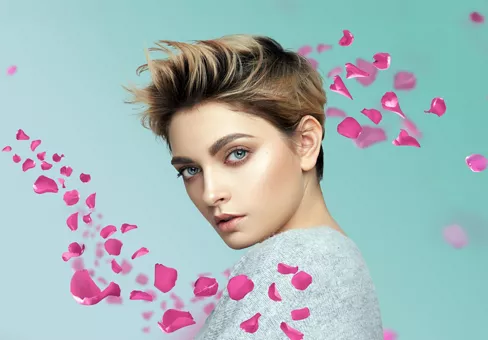 2026 New York Society of Cosmetic Chemists Suppliers' Day | Ad | 1920 x 1280Studio Portrait with Short Hair and Floating Pink Petals