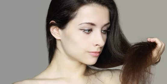 Damaged dry woman hair. Closeup portrait of woman holding hand long hair and thinking unhappy