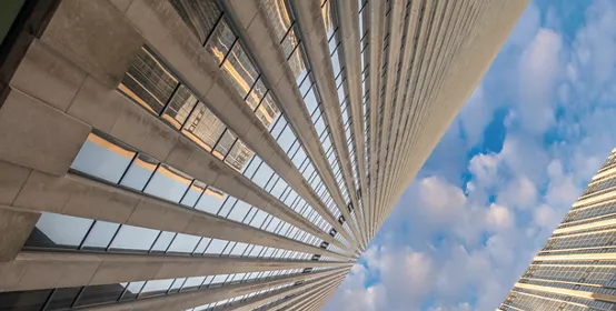 Skyward view of modern office buildings