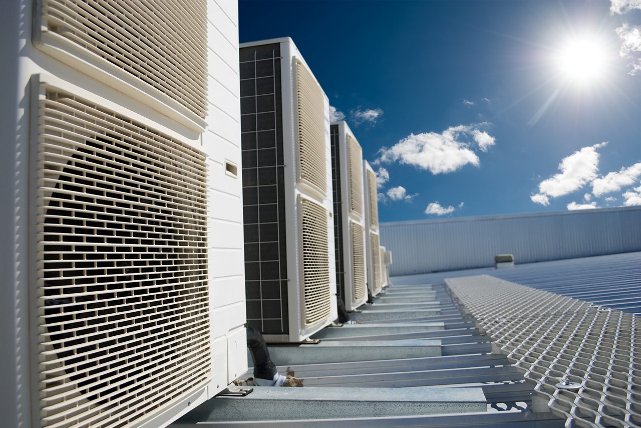 Air conditioner units on an industrial roof