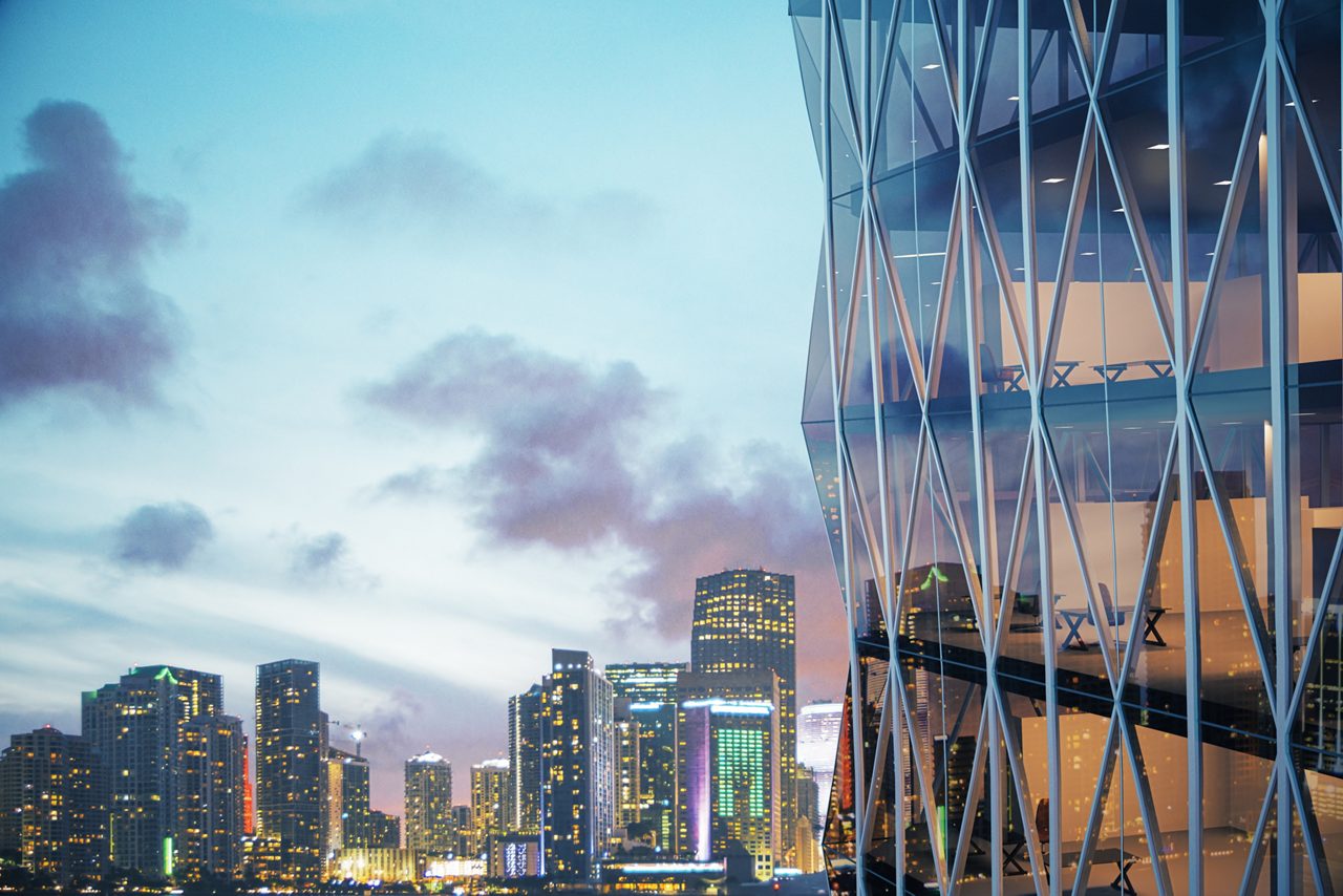 Building with glass façade and rain cloud illustration 